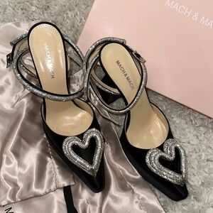 NEW Mach & Mach black 140mm Triple Crystal sparkly Heart satin platforms 37.5